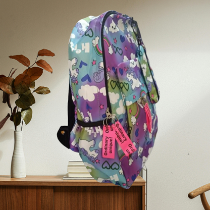 blue printed backpack for girls